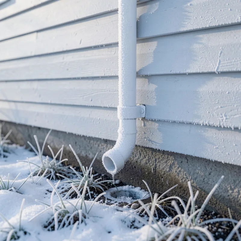 Tuyau d&rsquo;évacuation des condensats en plastique blanc couvert de givre le long d&rsquo;un mur extérieur