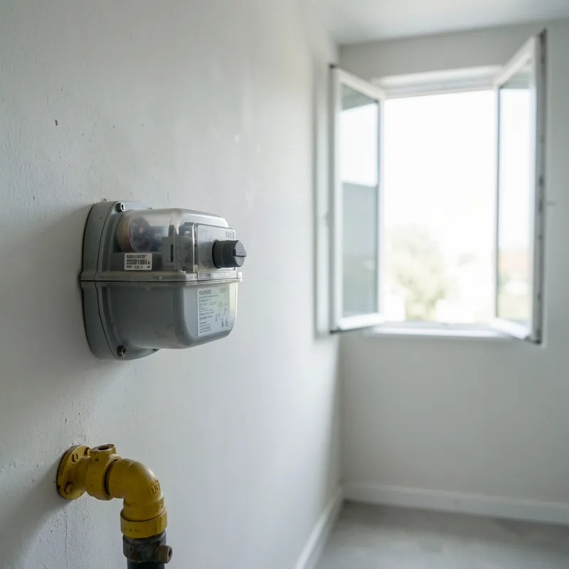 Compteur gaz domestique avec son robinet quart de tour fermé et une fenêtre ouverte à l&rsquo;arrière-plan