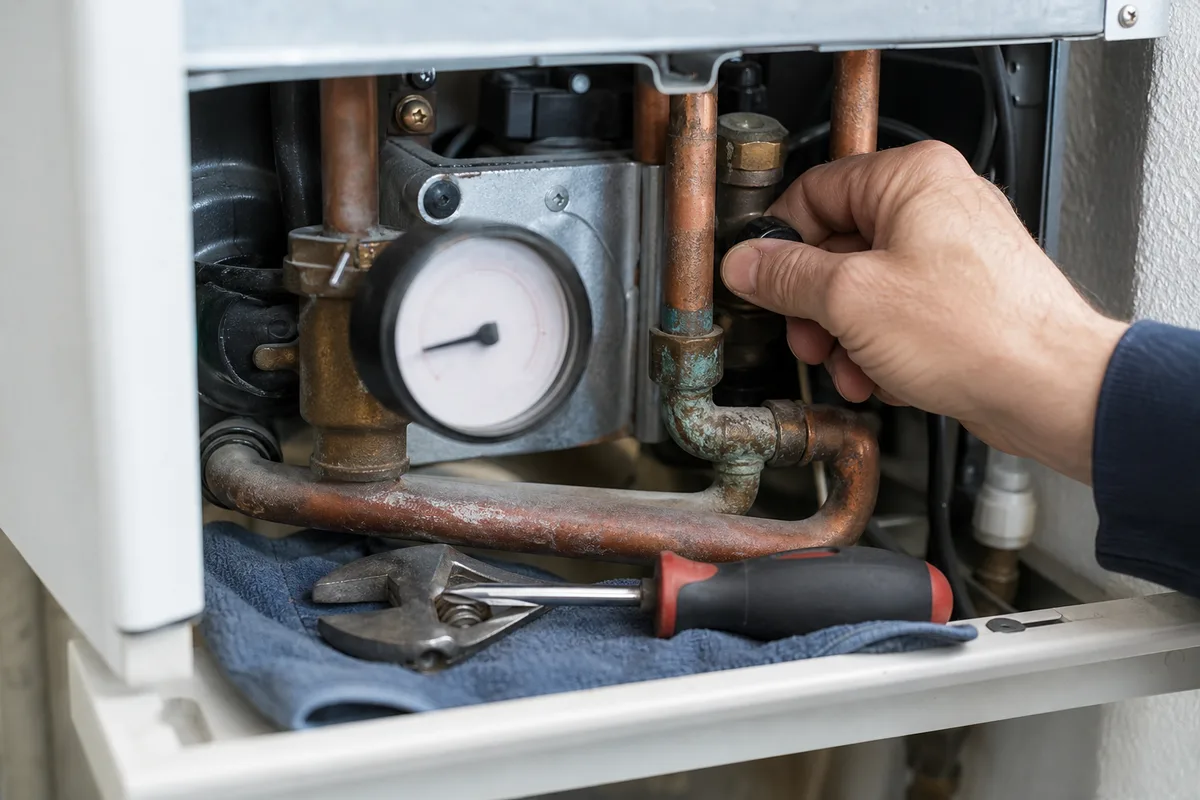 Chaudière gaz murale ouverte en intervention un samedi, manomètre et outils posés dans un appartement de la Côte d&rsquo;Azur