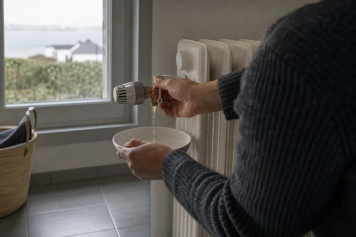 Radiateur et vanne thermostatique dans un intérieur breton, purge d&rsquo;un radiateur un matin d&rsquo;hiver, lumière douce