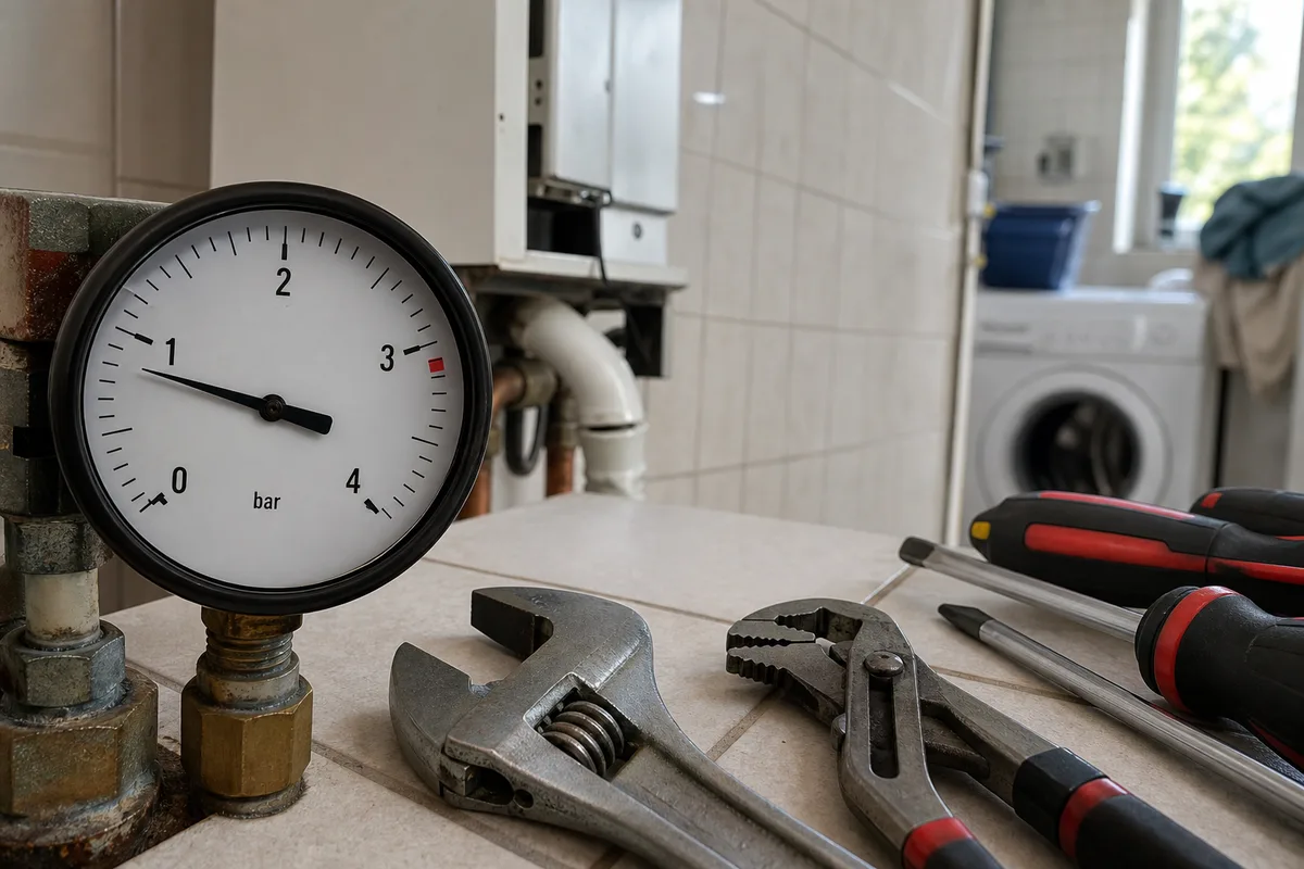 Manomètre de chaudière et outils posés sur une table dans une buanderie de pavillon, lumière claire de fin de semaine