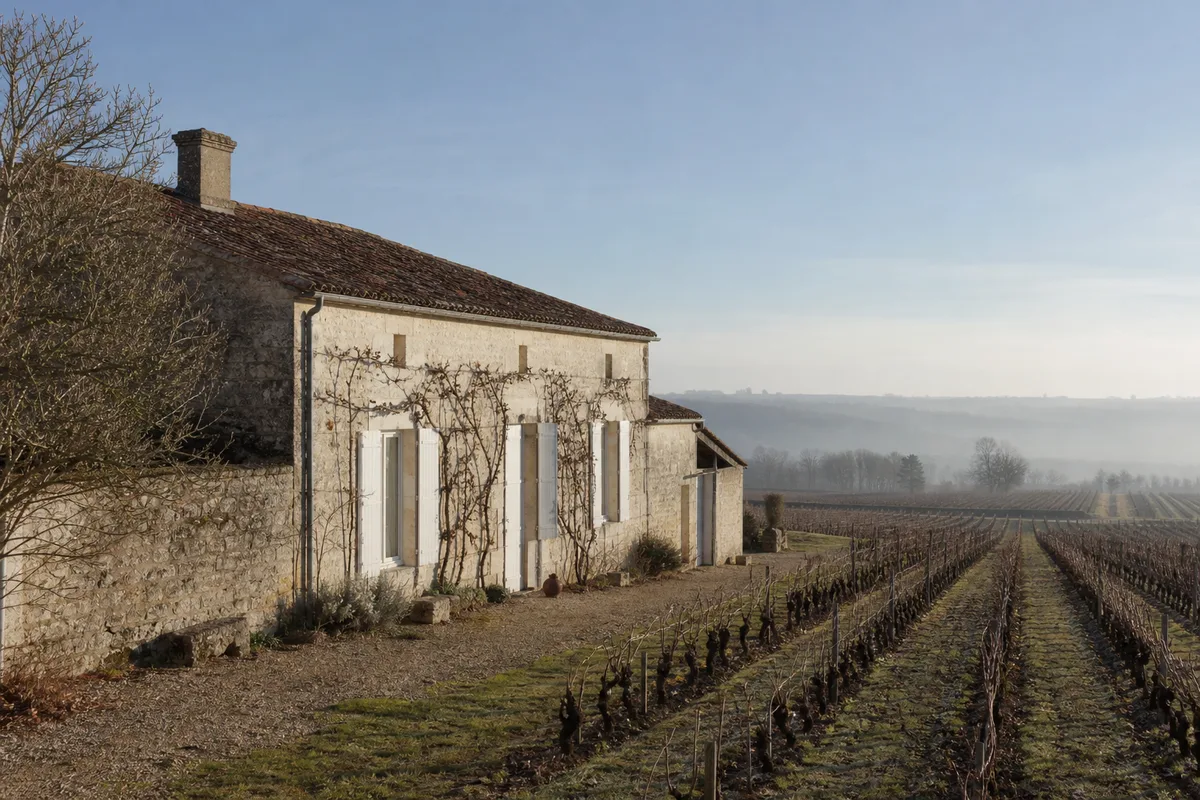 Longère charentaise en pierre sous un ciel d&rsquo;hiver clair, vignes du cognac au premier plan