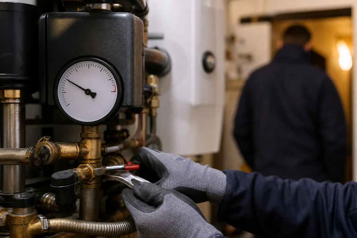 Manomètre de chaudière indiquant une pression basse, mains gantées d&rsquo;un technicien en intervention