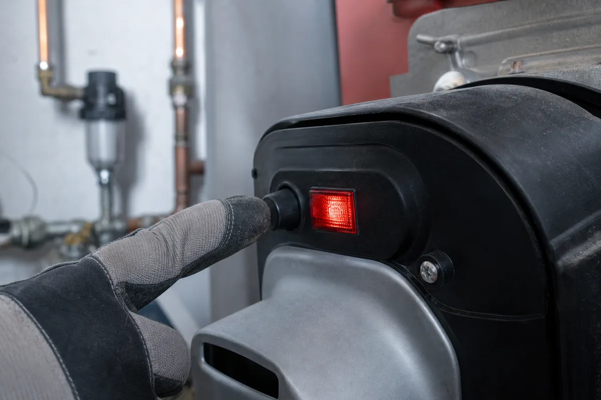 Chaudière au fioul en sécurité contrôlée par un technicien un samedi d&rsquo;hiver