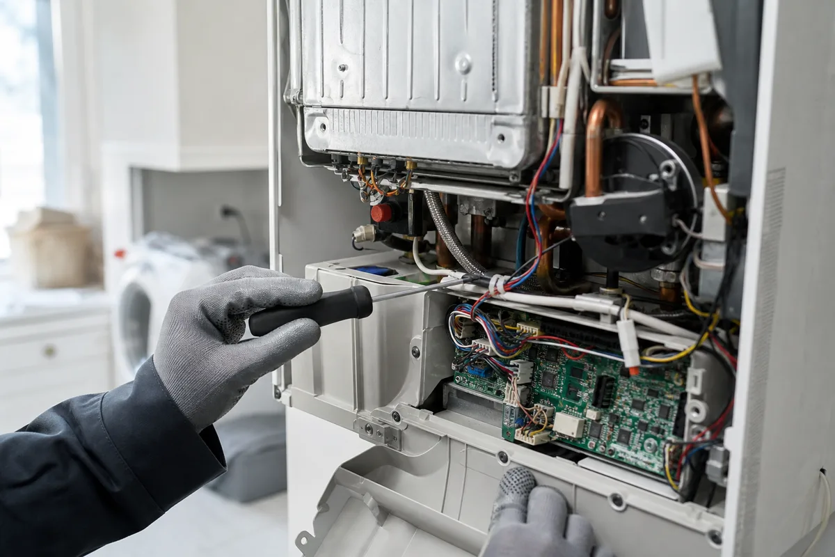 Chaudière murale gaz ouverte pour diagnostic dans une buanderie de pavillon, lumière naturelle d&rsquo;un matin de samedi