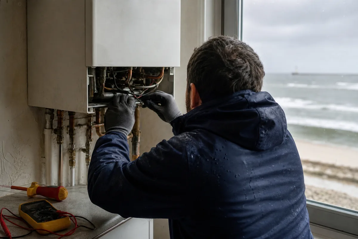 Technicien contrôlant une chaudière gaz lors d&rsquo;un dépannage de week-end sur le littoral du Calvados