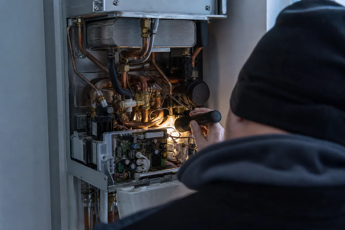 Chaudière murale à gaz ouverte lors d&rsquo;une intervention un samedi matin dans une maison rurale
