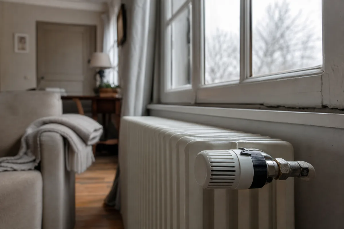 Radiateur en fonte froid dans un salon un dimanche d’hiver, en attente de l’arrivée du dépanneur