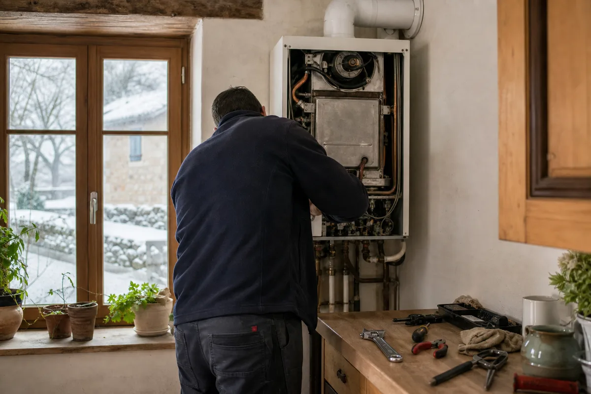 Chaudière murale en intervention un jour férié dans une maison de campagne, outils et clé à molette posés sur un plan de travail, lumière hivernale claire